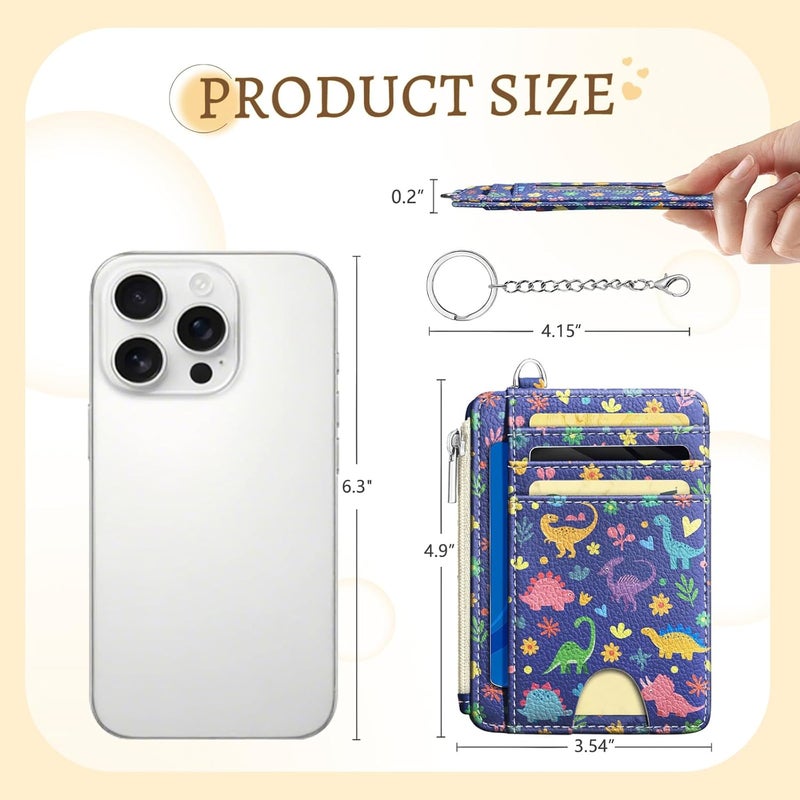 Kelvoris Cute Dinosaur Credit Card Holder Small Wallet Women, Flowers Slim RFID Blocking Wallet Woman Keychain with Zipper Coin Pocket, Front Pocket Thin Travel Card Case with ID Window Ladies Gifts - Image 5